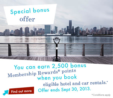 Earn 2500 bonus American Express Canada Membership Reward Points with $250+ hotel/car rental