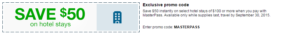 Orbitz – $50 USD off on hotel of $100+ USD when pay with MasterPass (by Sept. 30)