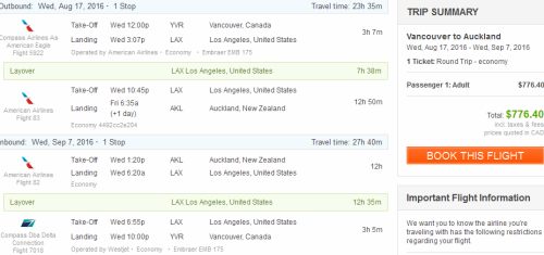 Vancouver to Auckland, New Zealand – Under $800 CAD roundtrip (July 2016 to mid-November 2016