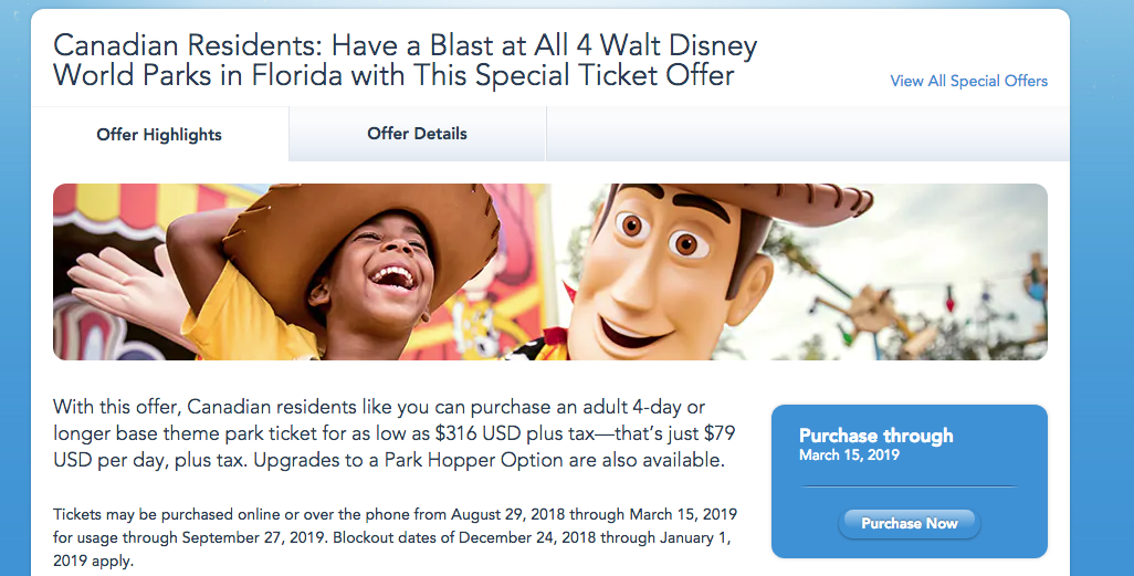 Walt Disney World Parks in Florida – Special Canadian Residents offer – Ends Mar 15, 2019